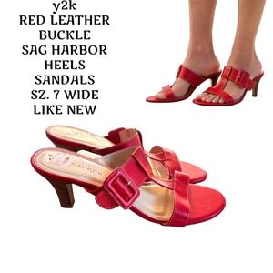 Y2K VTG. RED LEATHER BUCKLE STRAPPY SANDALS HEELS SZ. 7.5 WIDE